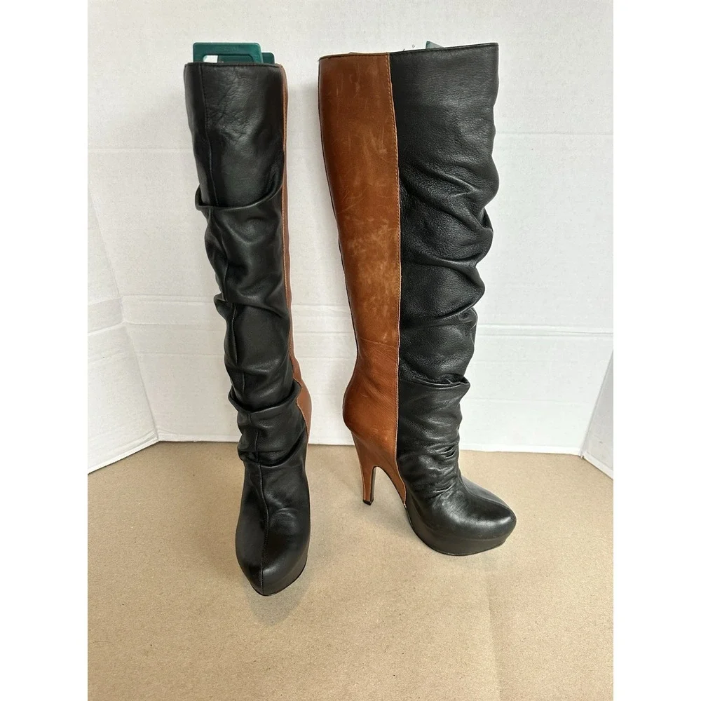 VTG Donald Pliner Jayla Women's Leather Boots Black And Brown Knee High Heel 6.5 - Picture 2 of 8